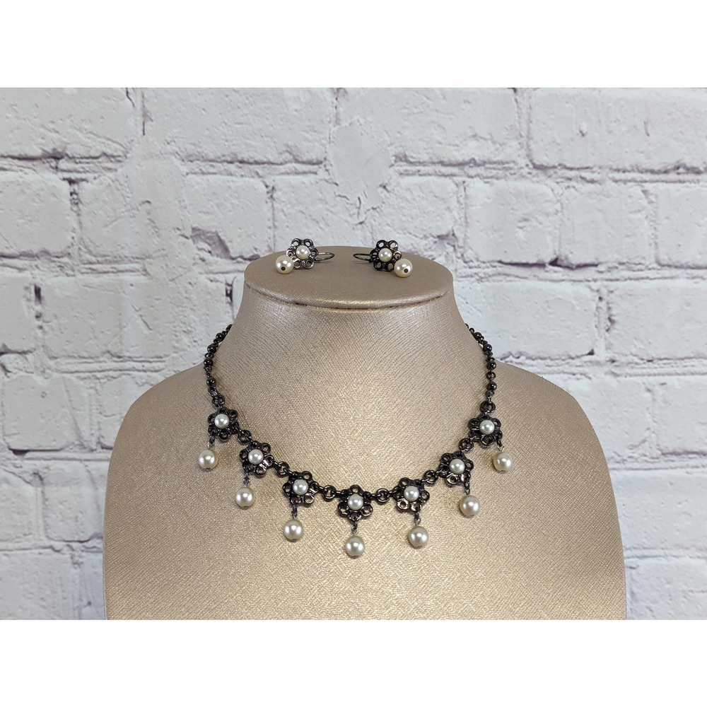 Vintage Signed Babylone Paris Flower and Faux Pearl Necklace and Earring Set